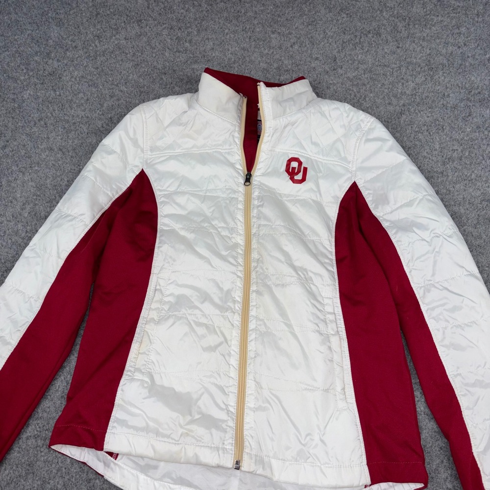 G-III Oklahoma Sooners Jacket Womens Medium White Red Quilted Puffer Full Zip OU